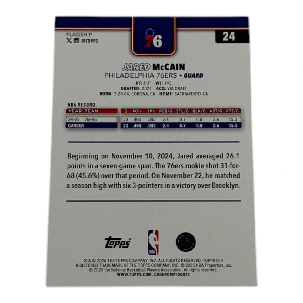 2024-25 Topps Jared McCain Philadelphia‎ 76ers Rookie Card  Silver Foil Parallel